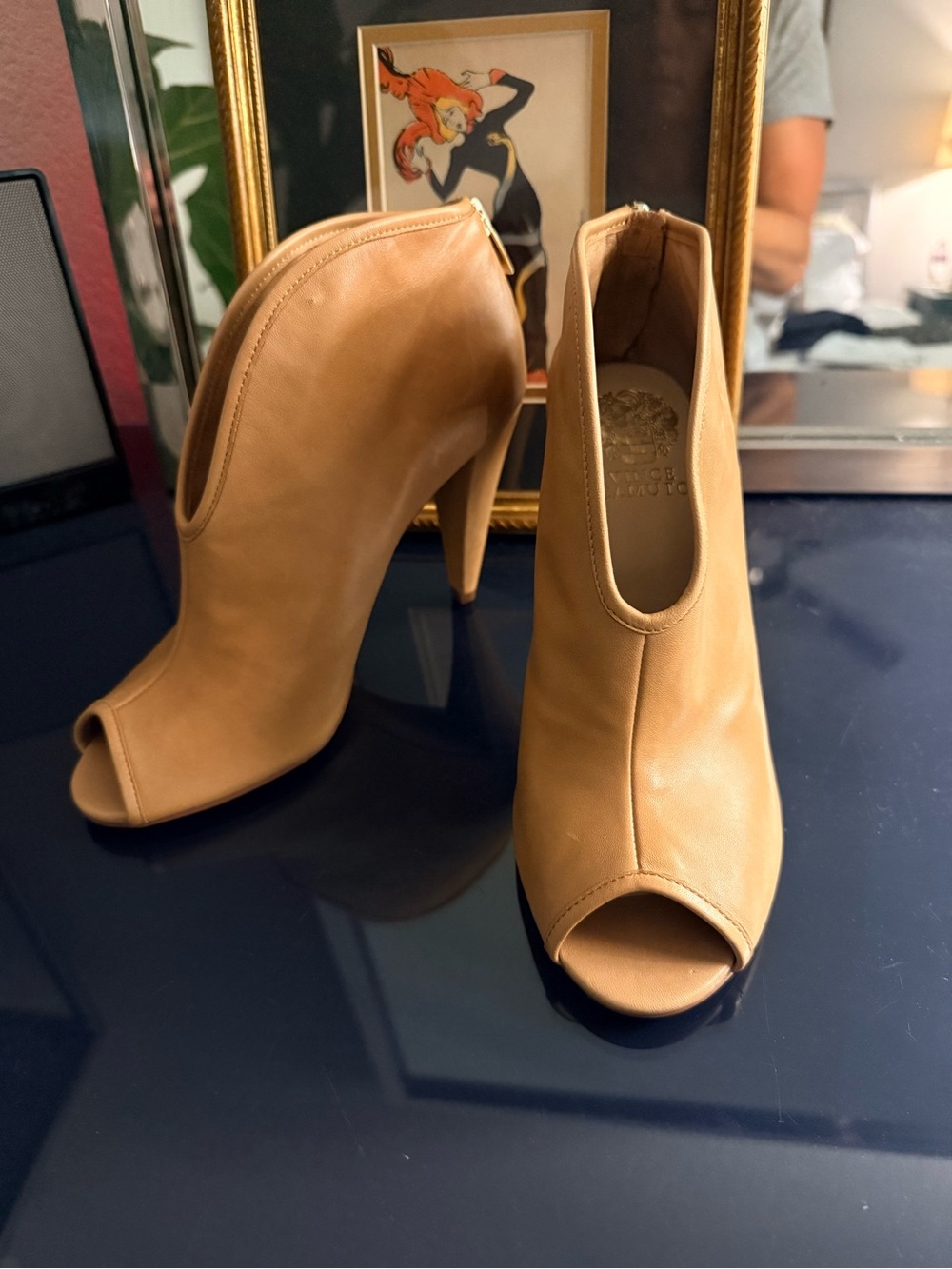 Vince Camuto Tan Leather Peep Toe High Heel Booties